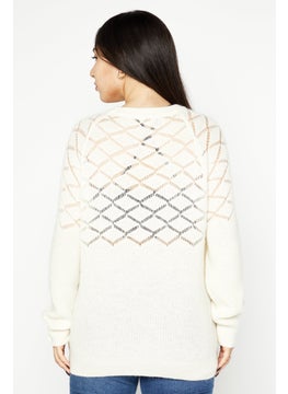 I.Code Women Round Neck knitted Sweater, Cream  - Image 3