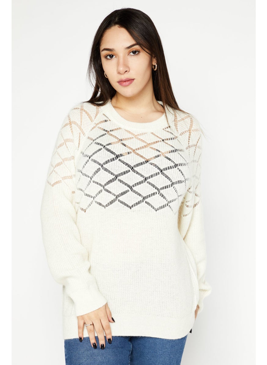 I.Code - Women Round Neck knitted Sweater, Cream - Image 1