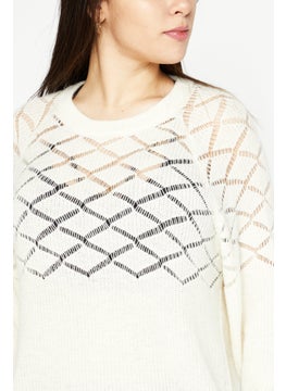 I.Code Women Round Neck knitted Sweater, Cream  - Image 4