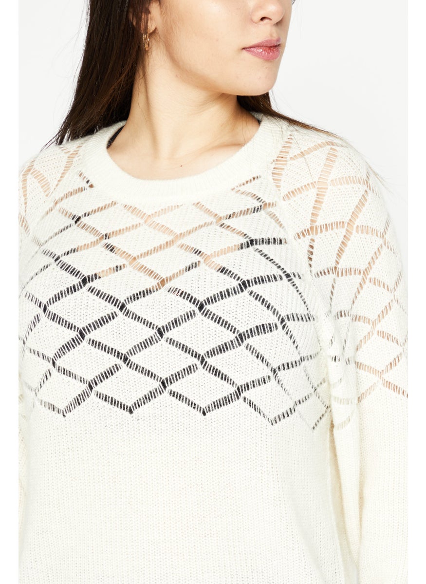 I.Code - Women Round Neck knitted Sweater, Cream - Image 1