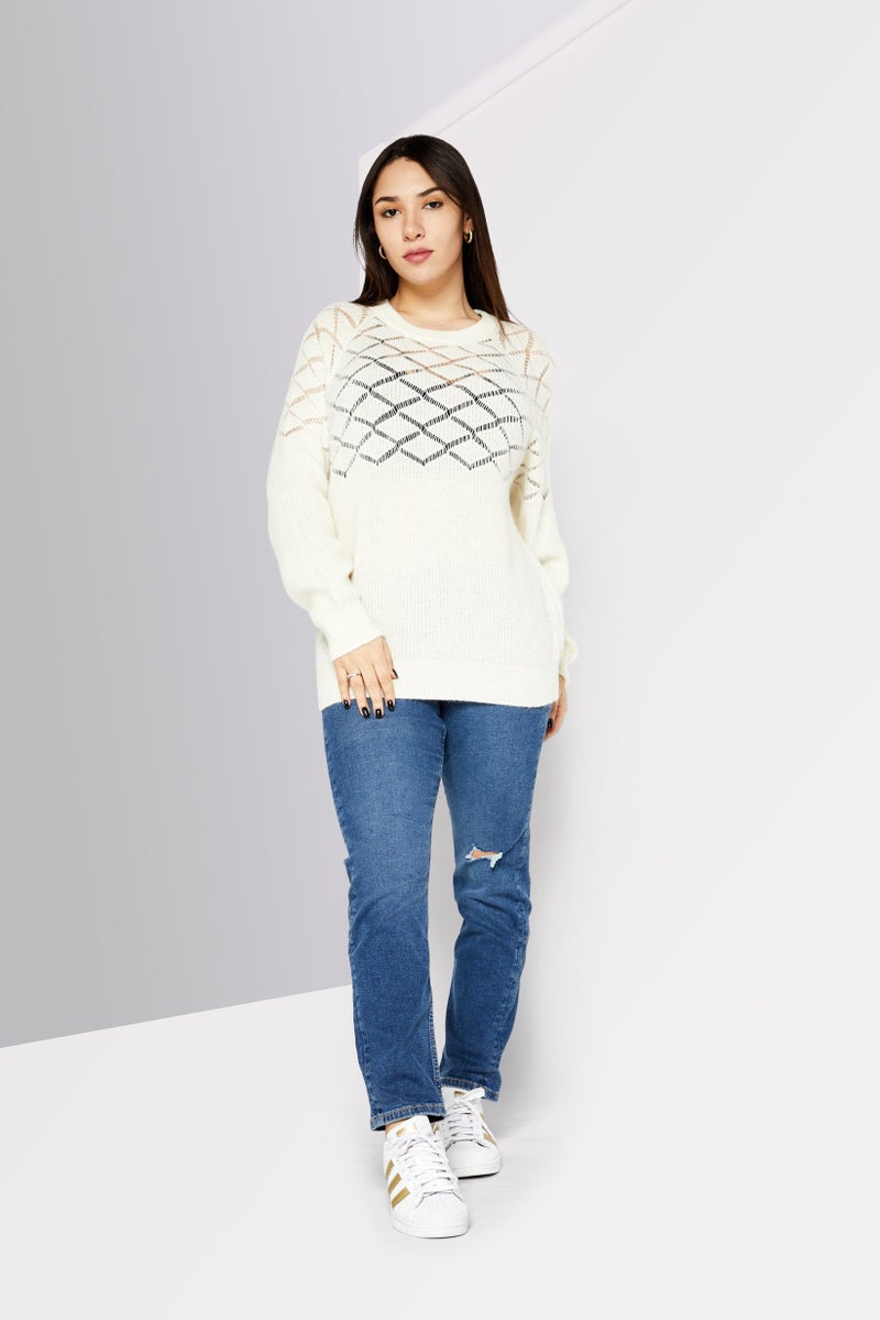 Women Round Neck knitted Sweater, Cream