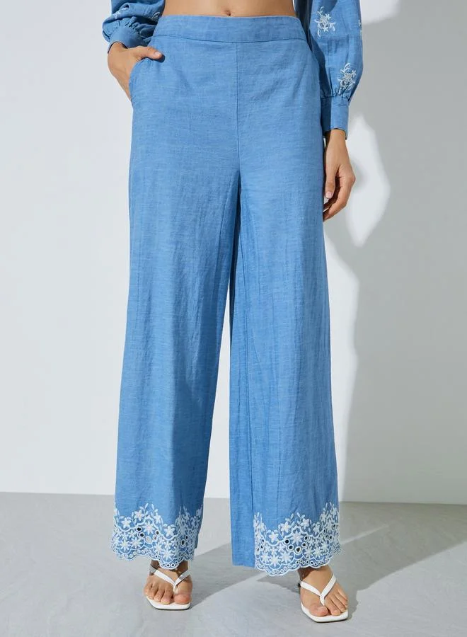 Styli Blue Cotton Embroidered Wide Leg Pants