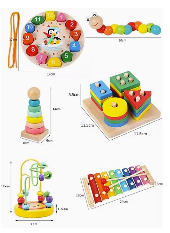 Beauenty 6 Pieces Montessori Toys  Toys For Toddlers From For Kids From 3-6  Stacking Rings Xylophone Clock Bead Maze Caterpillar  - Image 2