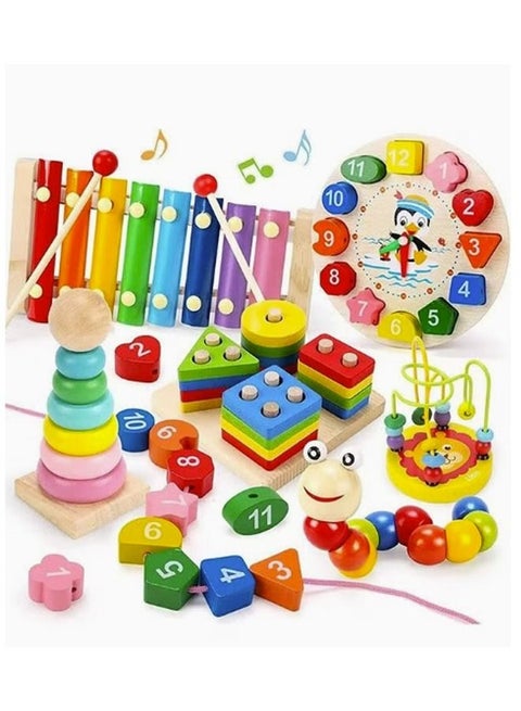 6 Pieces Montessori Toys  Toys For Toddlers From For Kids From 3-6  Stacking Rings Xylophone Clock Bead Maze Caterpillar