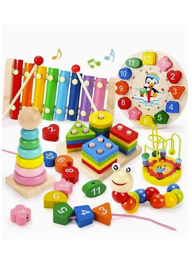 Beauenty 6 Pieces Montessori Toys  Toys For Toddlers From For Kids From 3-6  Stacking Rings Xylophone Clock Bead Maze Caterpillar  - Image 1