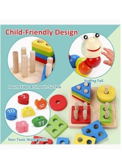 Beauenty 6 Pieces Montessori Toys  Toys For Toddlers From For Kids From 3-6  Stacking Rings Xylophone Clock Bead Maze Caterpillar  - Image 4