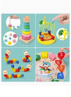 Beauenty 6 Pieces Montessori Toys  Toys For Toddlers From For Kids From 3-6  Stacking Rings Xylophone Clock Bead Maze Caterpillar  - Image 3