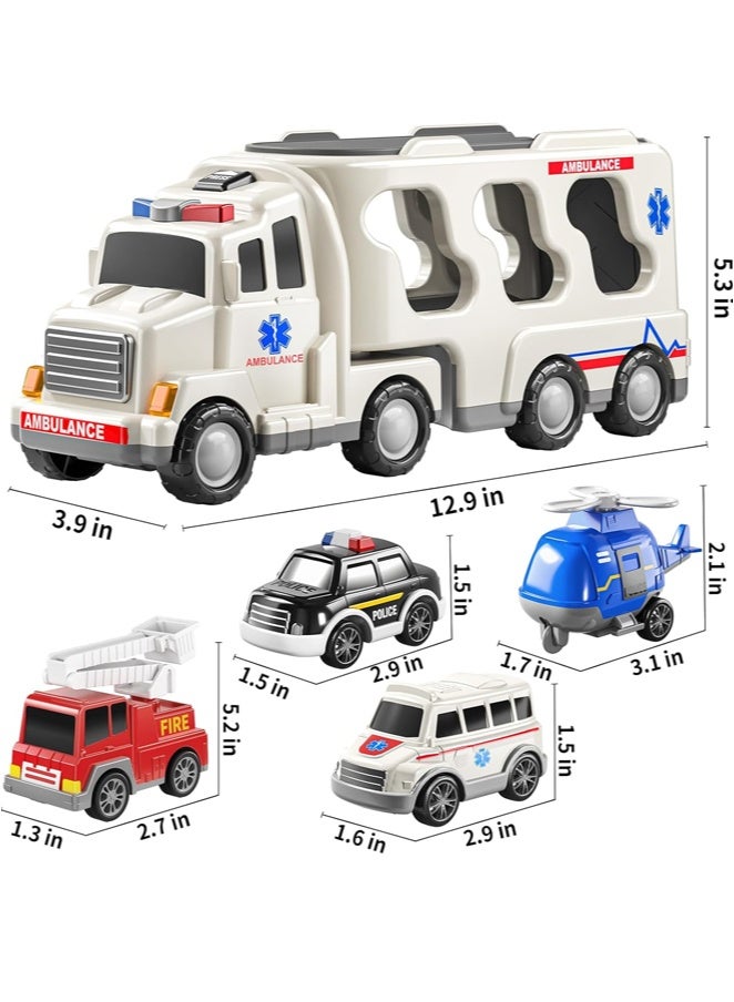 أيكين 5 Pack Ambulance Vehicle Toddler Truck Toys for 3 4 5 6 Year Old Boys, Friction Powered Cars with Toy Helicopter, Police Car, Fire Truck, Ambulance Car, Birthday Gifts for Girls - Image 2