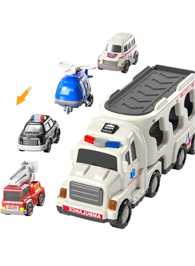 أيكين 5 Pack Ambulance Vehicle Toddler Truck Toys for 3 4 5 6 Year Old Boys, Friction Powered Cars with Toy Helicopter, Police Car, Fire Truck, Ambulance Car, Birthday Gifts for Girls - Image 4