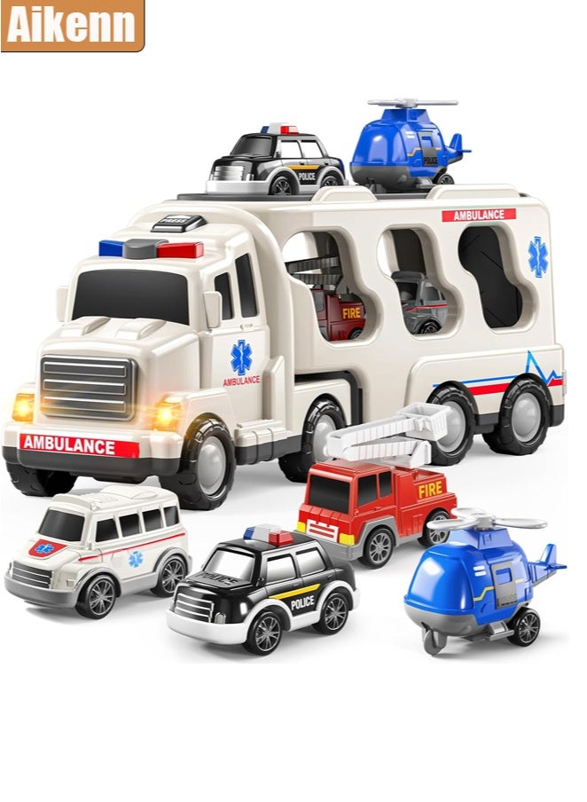أيكين 5 Pack Ambulance Vehicle Toddler Truck Toys for 3 4 5 6 Year Old Boys, Friction Powered Cars with Toy Helicopter, Police Car, Fire Truck, Ambulance Car, Birthday Gifts for Girls - Image 1