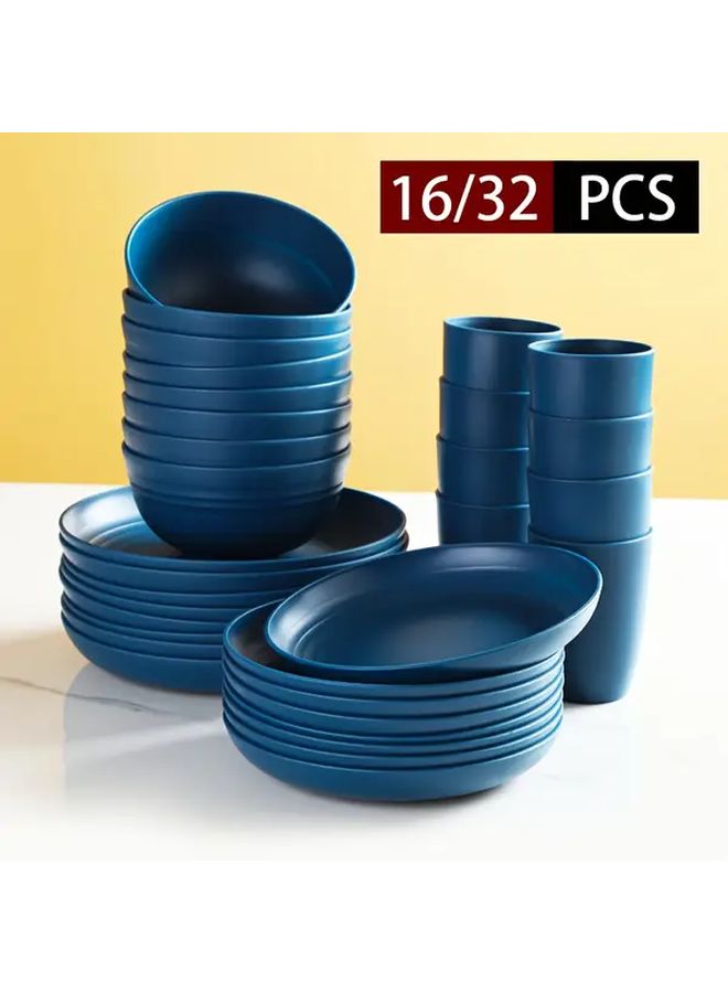 Blue Plastic Tableware Set 16 Piece Bowls Plates Cups For Picnic Camping School - Image 1