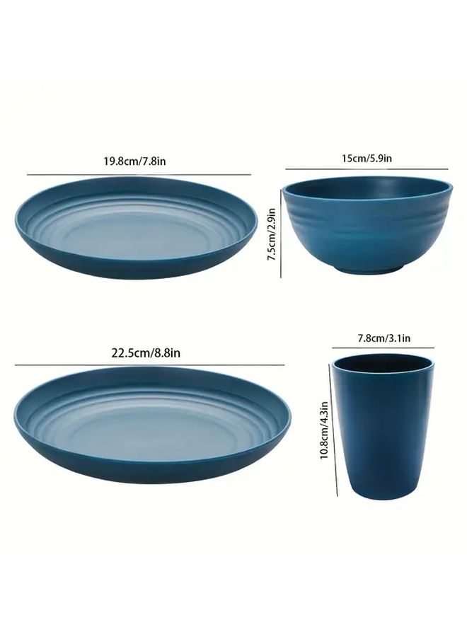 Blue Plastic Tableware Set 16 Piece Bowls Plates Cups For Picnic Camping School - Image 3