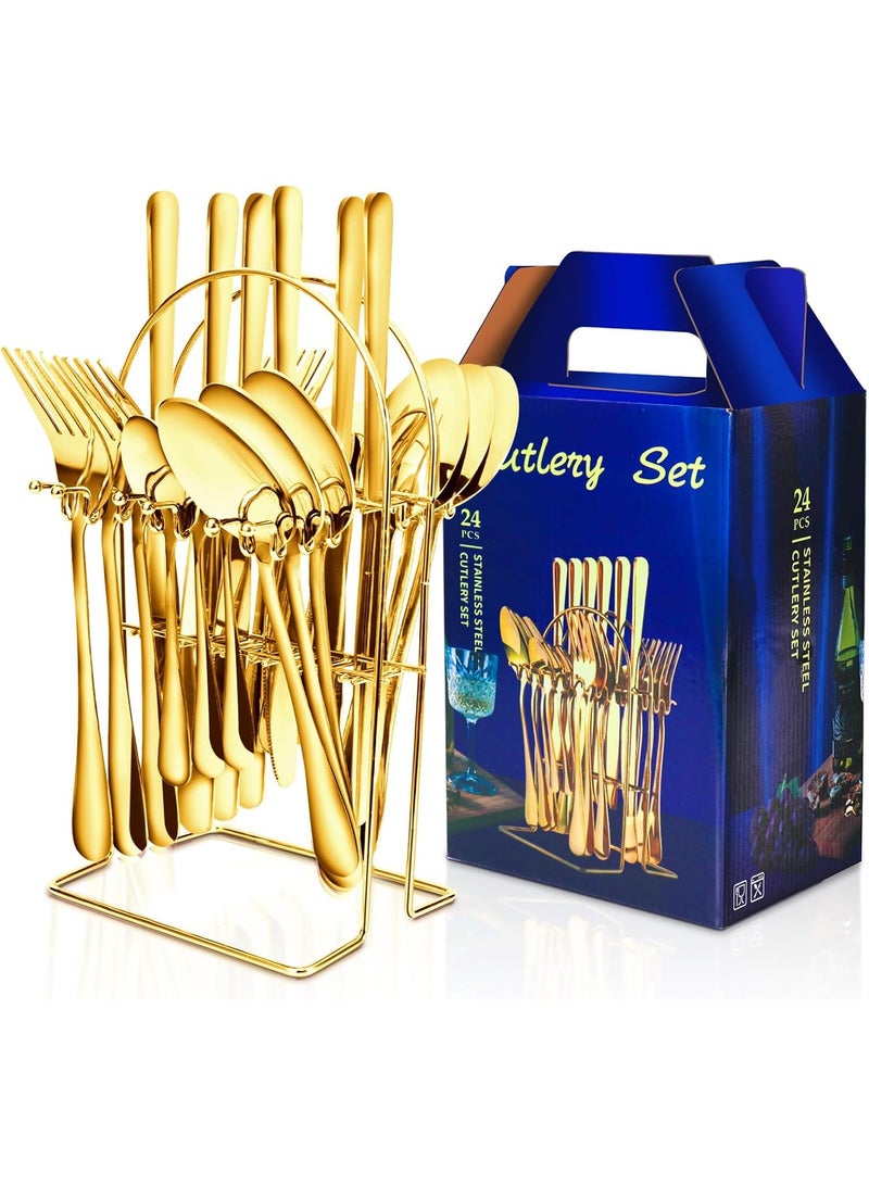 PENG GENERAL Luxury Gold Flatware Set, 24-Piece Stainless Steel Cutlery Set with Stand - Image 1