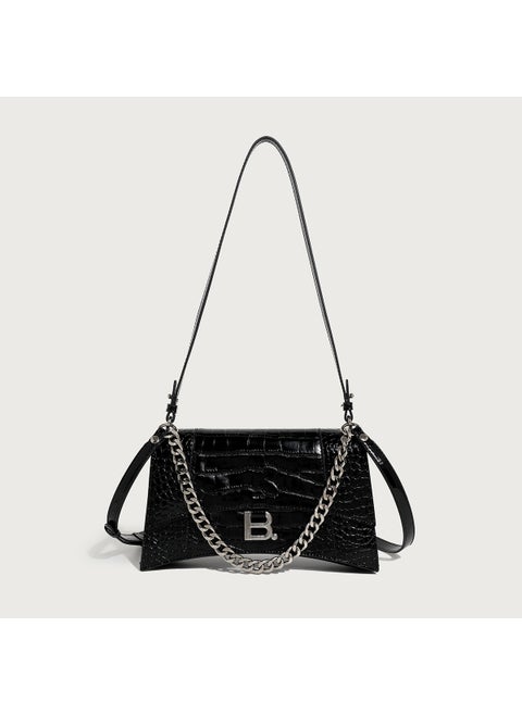 Crocodile Pattern Hourglass Bag with Chain Black