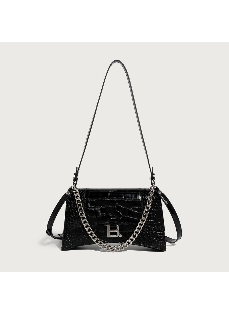 Crocodile Pattern Hourglass Bag with Chain Black