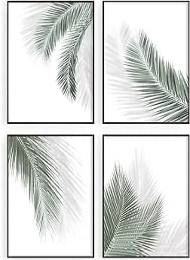 Botanical Boho Bathroom Wall Decor, Green Leaves Minimalist Wall Art Prints for Bedroom|Office|Living Room, Palm Wall Art Prints, Salon SPA Wall Decoration, Set of 4, 8"x10", UNFRAMED