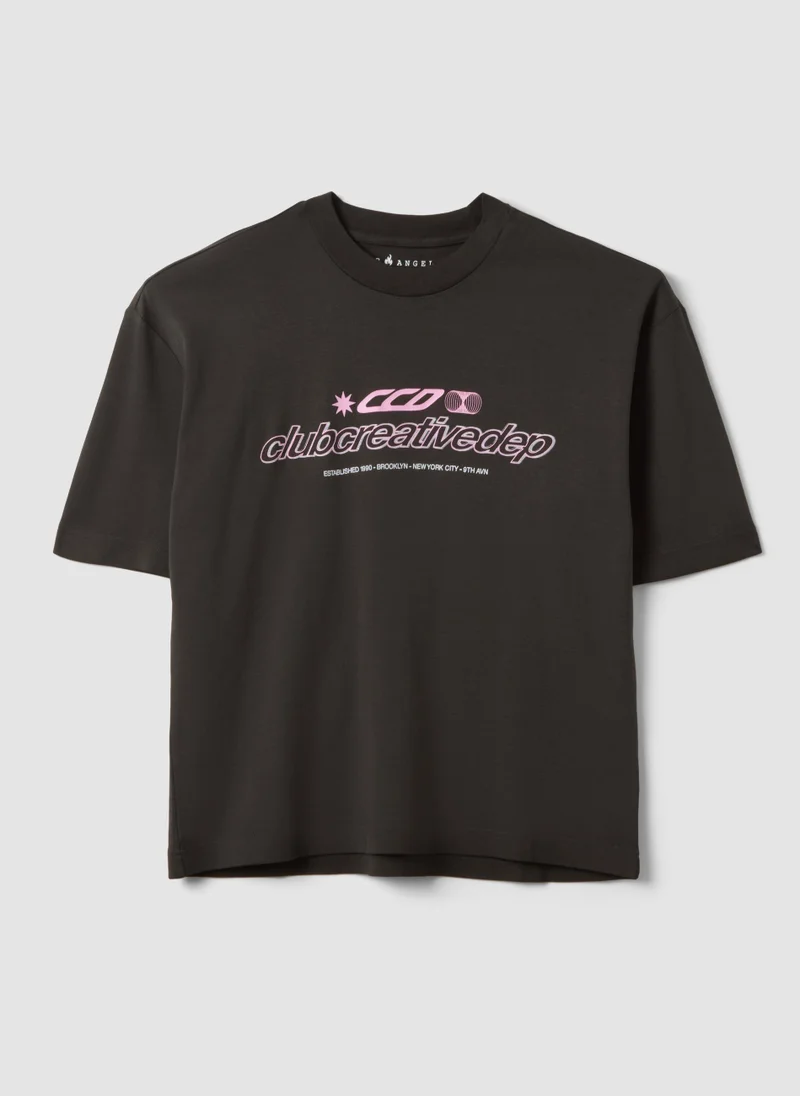 او في اس OVS Brown Cropped Pure Cotton T-Shirt With Front Print, Boxy Fit
