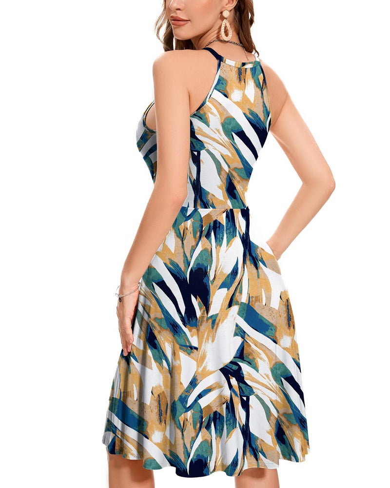 ANYFITTING Built in Bra Halter Dresses for Women 2026 Summer Casual A-line Pockets Dress Flowy Midi Sundresses Beach Vacation Outfits (Blue Brown,Medium) - Image 4