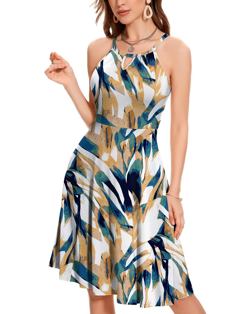 ANYFITTING Built in Bra Halter Dresses for Women 2026 Summer Casual A-line Pockets Dress Flowy Midi Sundresses Beach Vacation Outfits (Blue Brown,Medium) - Image 5
