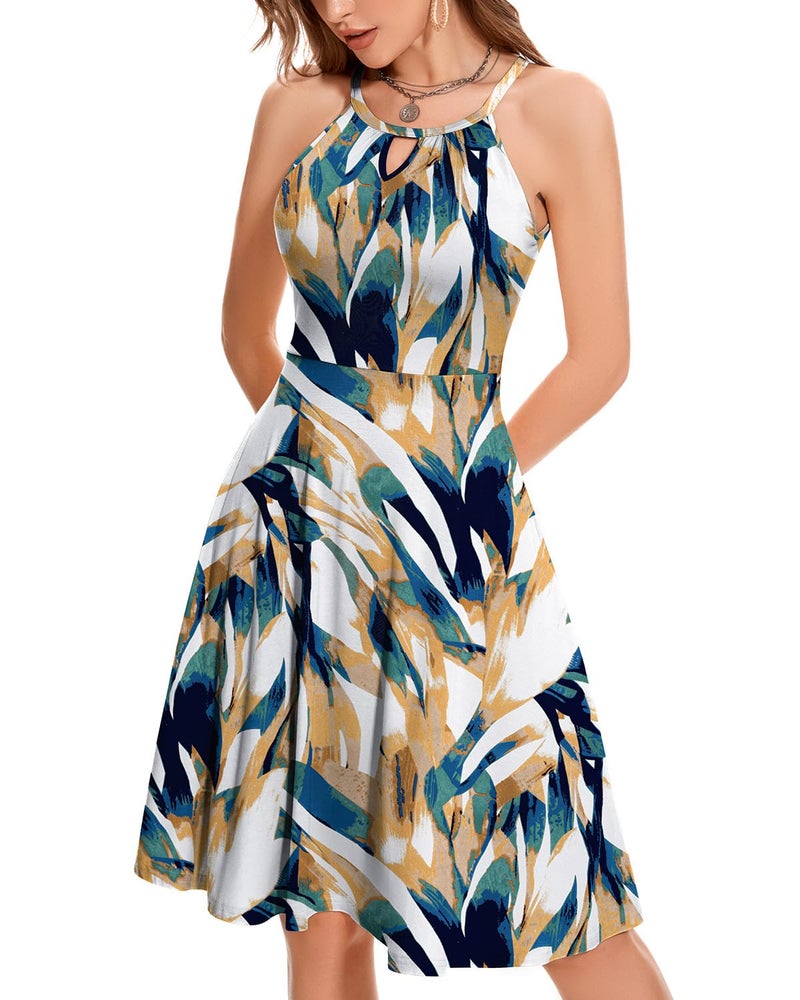 ANYFITTING Built in Bra Halter Dresses for Women 2026 Summer Casual A-line Pockets Dress Flowy Midi Sundresses Beach Vacation Outfits (Blue Brown,Medium) - Image 2