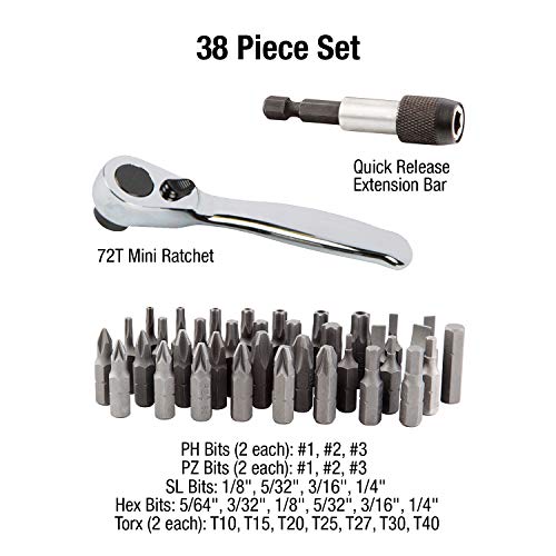 Sunex Tools Sunex 9726 Mini Ratchet and Bit Set, 1/8-Inch - 1/4-Inch S2 Bits, 5/64-Inch - 1/4-Inch hex bits, 38-Piece Silver - Image 2