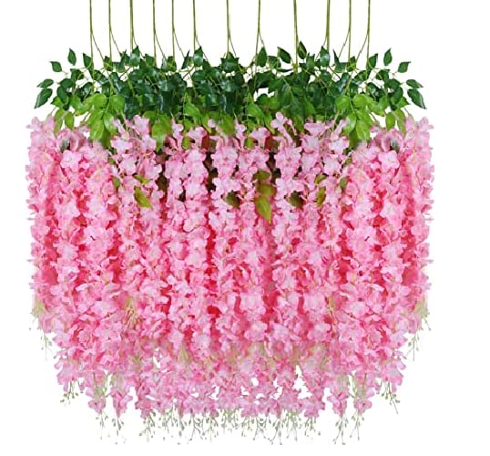 KAAS Pack of 12 Piece Artificial Vine Fake Pink Purple White Wisteria Hanging Garland Long Hanging Bush Flowers String Home Party Dcor Weddings Festival 4Pink 4Peach 4White - Image 2