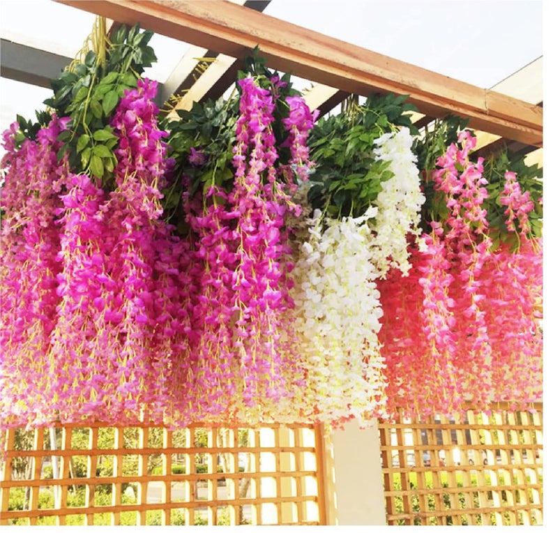 KAAS Pack of 12 Piece Artificial Vine Fake Pink Purple White Wisteria Hanging Garland Long Hanging Bush Flowers String Home Party Dcor Weddings Festival 4Pink 4Peach 4White - Image 5