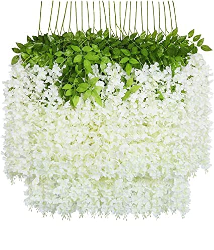 KAAS Pack of 12 Piece Artificial Vine Fake Pink Purple White Wisteria Hanging Garland Long Hanging Bush Flowers String Home Party Dcor Weddings Festival 4Pink 4Peach 4White - Image 3