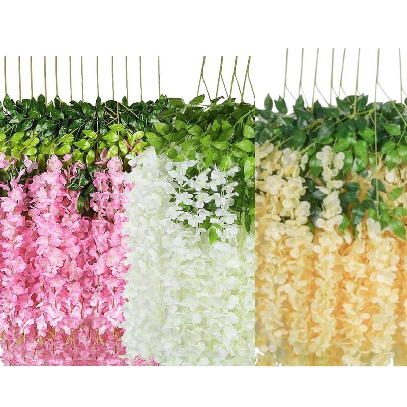 KAAS Pack of 12 Piece Artificial Vine Fake Pink Purple White Wisteria Hanging Garland Long Hanging Bush Flowers String Home Party Dcor Weddings Festival 4Pink 4Peach 4White - Image 1