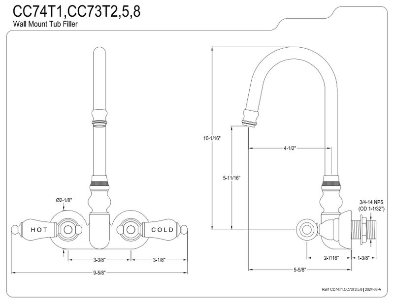Kingston Brass CC74T1 Vintage Leg Tub Filler, Porcelain Lever Handle, Polished Chrome,8-Inch Adjustable Center - Image 2