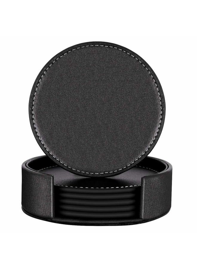Thipoten Leather Coasters, Set of 6 PU Coaster set with Holder, Protect Furniture from Water Marks Scratch and Damage(6Pcs, Black) - Image 1