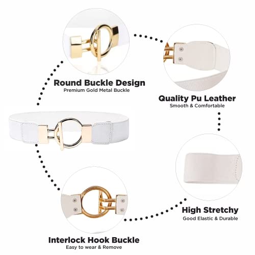 REDHORNS Elastic Fabric Waist Belt for Women Dresses Round Buckle Design Stretchy Wide Ladies Belt for Saree Girls Jeans - Free Size (LD33J_White) - Image 2