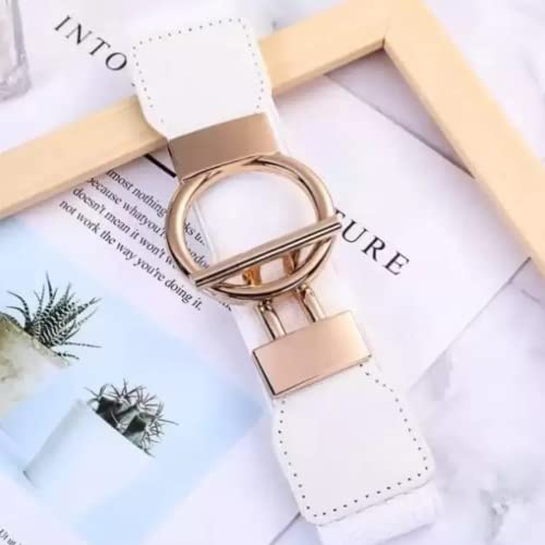 REDHORNS Elastic Fabric Waist Belt for Women Dresses Round Buckle Design Stretchy Wide Ladies Belt for Saree Girls Jeans - Free Size (LD33J_White) - Image 5