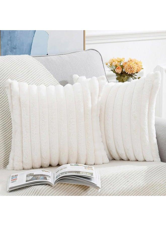 MADIZZ Set of 2 Faux Fur Plush Decorative Throw Pillow Covers 20x20 Inch Cream Fluffy Striped Soft Decorative Cushion Cover for Sofa Bedroom Pillow Shell - Image 2