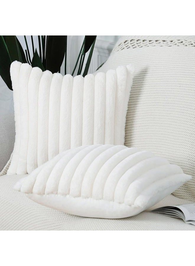 MADIZZ Set of 2 Faux Fur Plush Decorative Throw Pillow Covers 20x20 Inch Cream Fluffy Striped Soft Decorative Cushion Cover for Sofa Bedroom Pillow Shell - Image 3