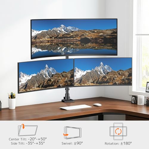 PUTORSEN Triple Monitor Mount up to 49 inches, Fully Adjustable Heavy Duty 3 Monitor Arm with Gas Spring, Desk Mount for 3 Screens, C-Clamp & Grommet Base, Holds 44 lbs, Black - Image 4