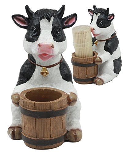 Ebros Gift Ebros Country Farm Bovine Cow With Bell Collar Holding A Wooden Barrel Decorative Toothpick Holder Statue With Toothpicks 4"Tall Starter Kit Cattle Animal Figurine Collectible Kitchen Decor - Image 1