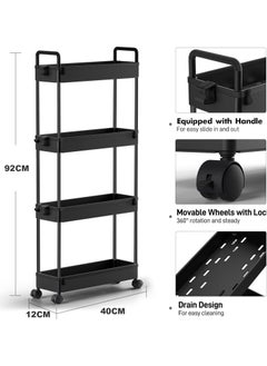 Chulovs Slim Storage Cart, 4 Tier Bathroom Organizer Mobile Shelving Unit, Rolling Utility Cart Slide Out Organizer for Kitchen, Bathroom, Laundry, Narrow Places, Black  - Image 2