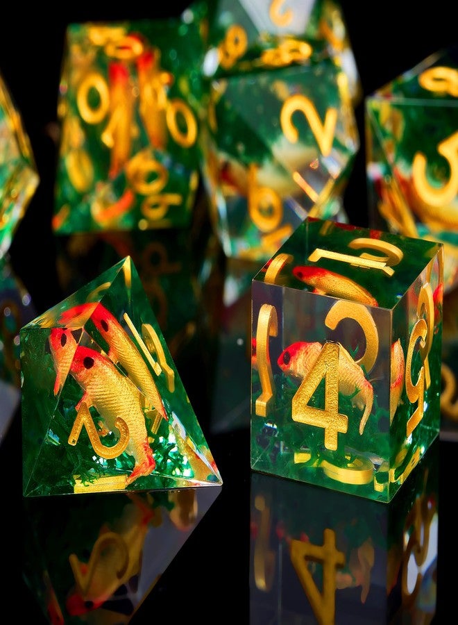 Froggod Moss and Koi Fish DND Dice Set - 7Pcs Sharp Edge Resin Polyhedral Game Dice for D&D RPG - Includes D20, D12, D10, D8, D6, D4 - Moss Agate Fish Design(Gold) - Image 3