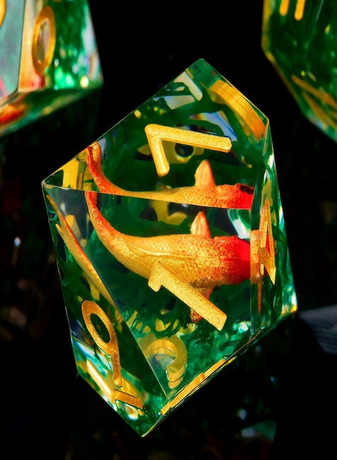 Froggod Moss and Koi Fish DND Dice Set - 7Pcs Sharp Edge Resin Polyhedral Game Dice for D&D RPG - Includes D20, D12, D10, D8, D6, D4 - Moss Agate Fish Design(Gold) - Image 2