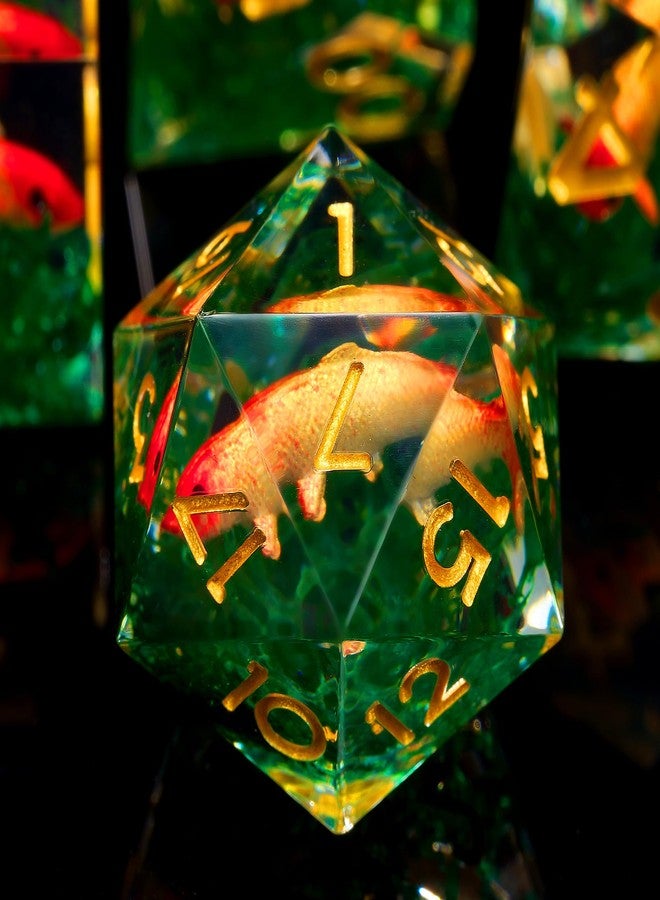 Froggod Moss and Koi Fish DND Dice Set - 7Pcs Sharp Edge Resin Polyhedral Game Dice for D&D RPG - Includes D20, D12, D10, D8, D6, D4 - Moss Agate Fish Design(Gold) - Image 4