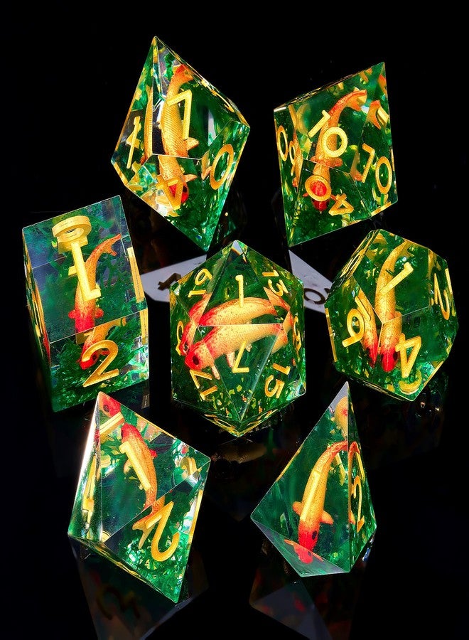 Froggod Moss and Koi Fish DND Dice Set - 7Pcs Sharp Edge Resin Polyhedral Game Dice for D&D RPG - Includes D20, D12, D10, D8, D6, D4 - Moss Agate Fish Design(Gold) - Image 5