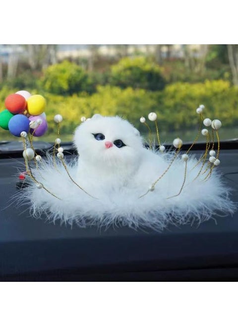 Simulation Kitten Fox Cute Feather Pad Small Animal Car Ornaments Creative Home Ornaments 25 Years New-Color:Large White Squat Cat + Colorful Balloons + White Feather Cushion