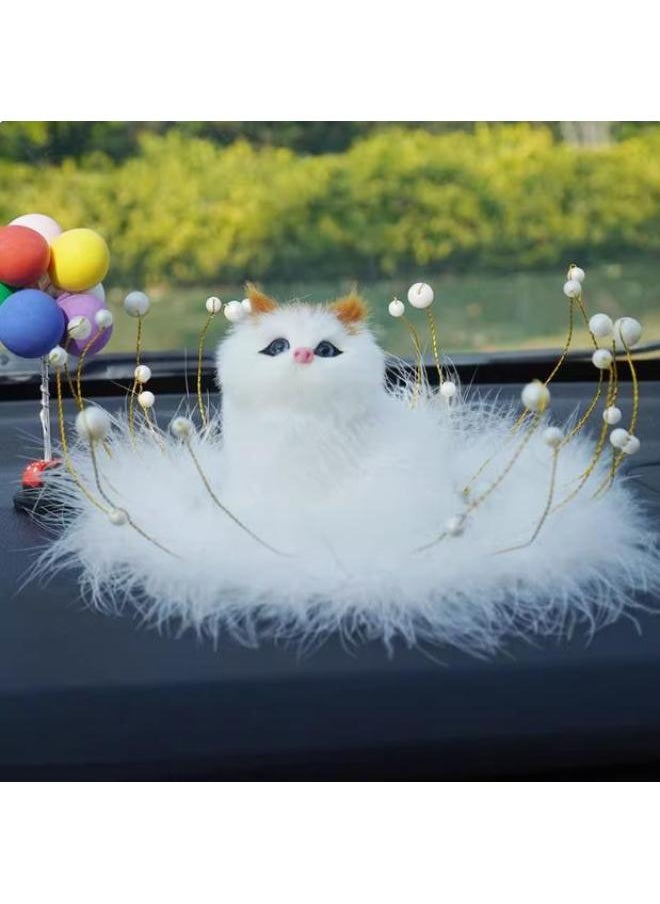 null - Simulation Kitten Fox Cute Feather Pad Small Animal Car Ornaments Creative Home Ornaments 25 Years New-Color:Large White Squat Cat + Colorful Balloons + White Feather Cushion - Image 1