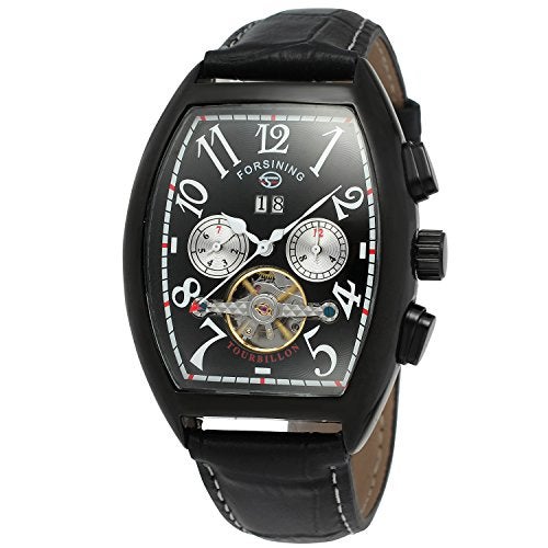 FORSINING Men's Automatic Self-Winding Rectangle Watch Calendar Genuine Leather Strap Tourbillon Watch - Image 1