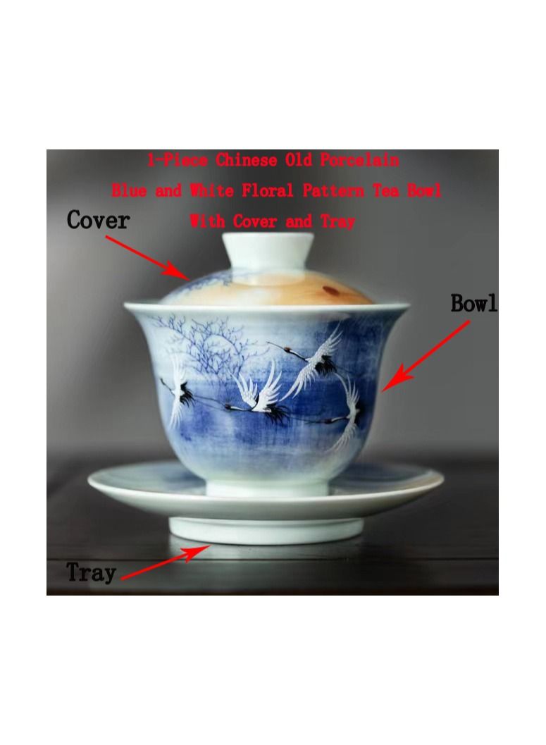1-Piece Chinese Old Porcelain Blue and White Bowl Tea Set,Chinese Tea Bowl with Cover and Tray,Chinese Traditional Handicraft Ceramic Tea Set - Image 1
