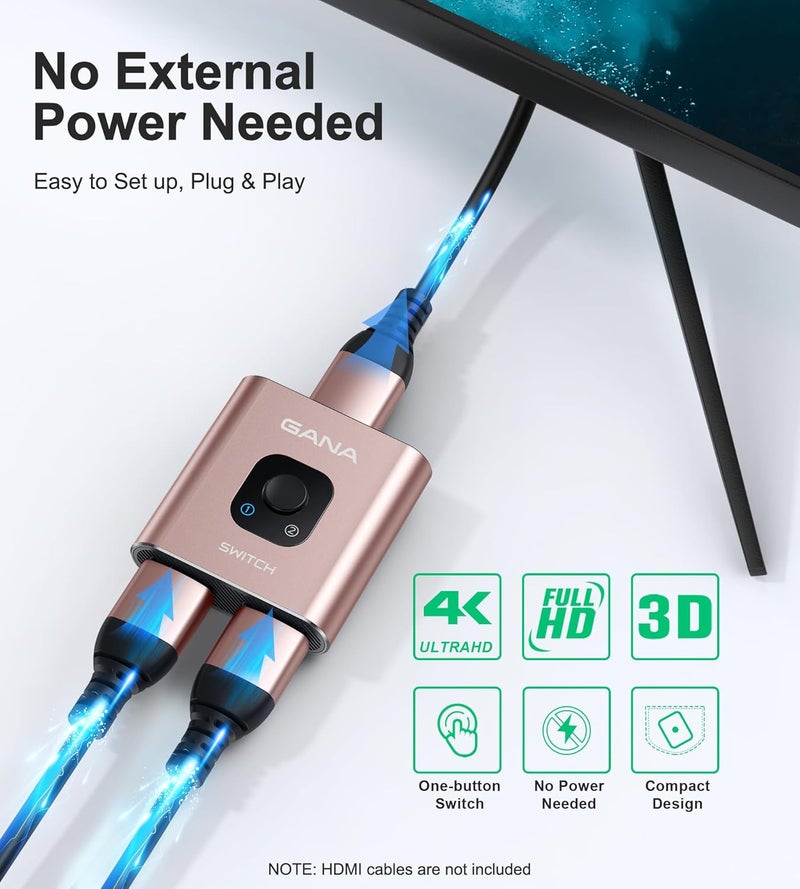 GANA HDMI Switch 4k@60hz Splitter, Aluminum Bidirectional HDMI Switcher 2 in 1 Out, Manual HDMI Hub Supports HD Compatible with Xbox PS5/4/3 Blu-Ray Player Fire Stick Roku - Image 5