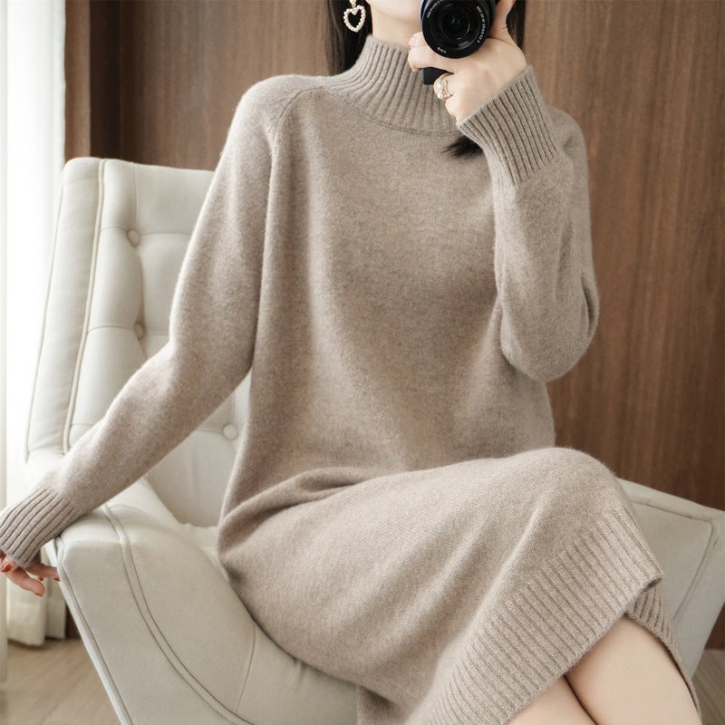 Mid-length Dress Womens 22 Autumn and Winter New Loose Half-high Neck Knitted One-step Skirt Knee Wool Long Sweater CAMEL
