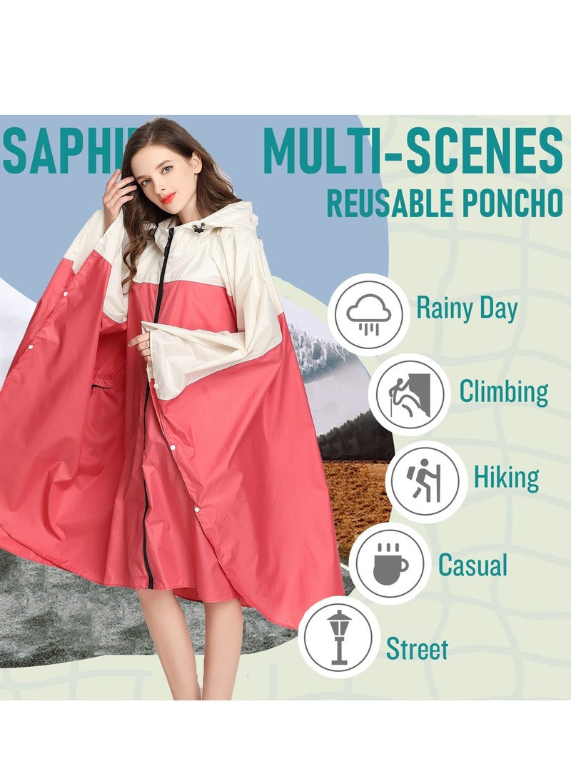 SYOSI Fashion Hooded Rain Poncho with Pocket Waterproof Raincoat Jacket Zipper Style for Men Women Adults Family Ponchos Drawstring Hood Perfect Camping Hiking Beach Travel Red - Image 3