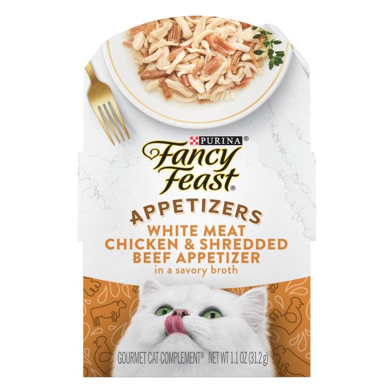 Fancy Feast Purina Fancy Feast Appetizers Lickable Grain Free Cat Food Topper White Meat Chicken and Shredded Beef Appetizer - (Pack of 10) 1.1 oz. Trays - Image 1